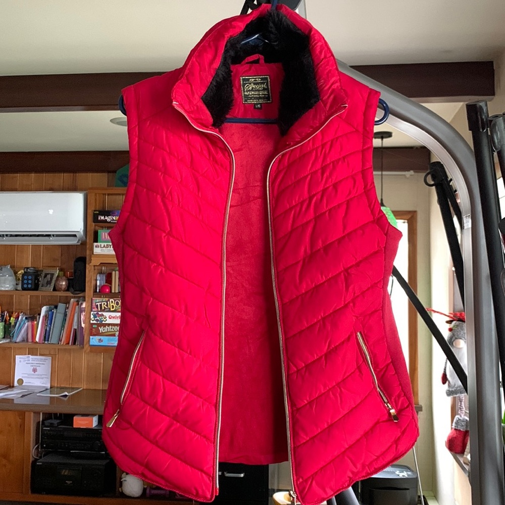 Cozy Vest, worn once.Rich red, black fur lined collar, gold zippers.Very sharp.